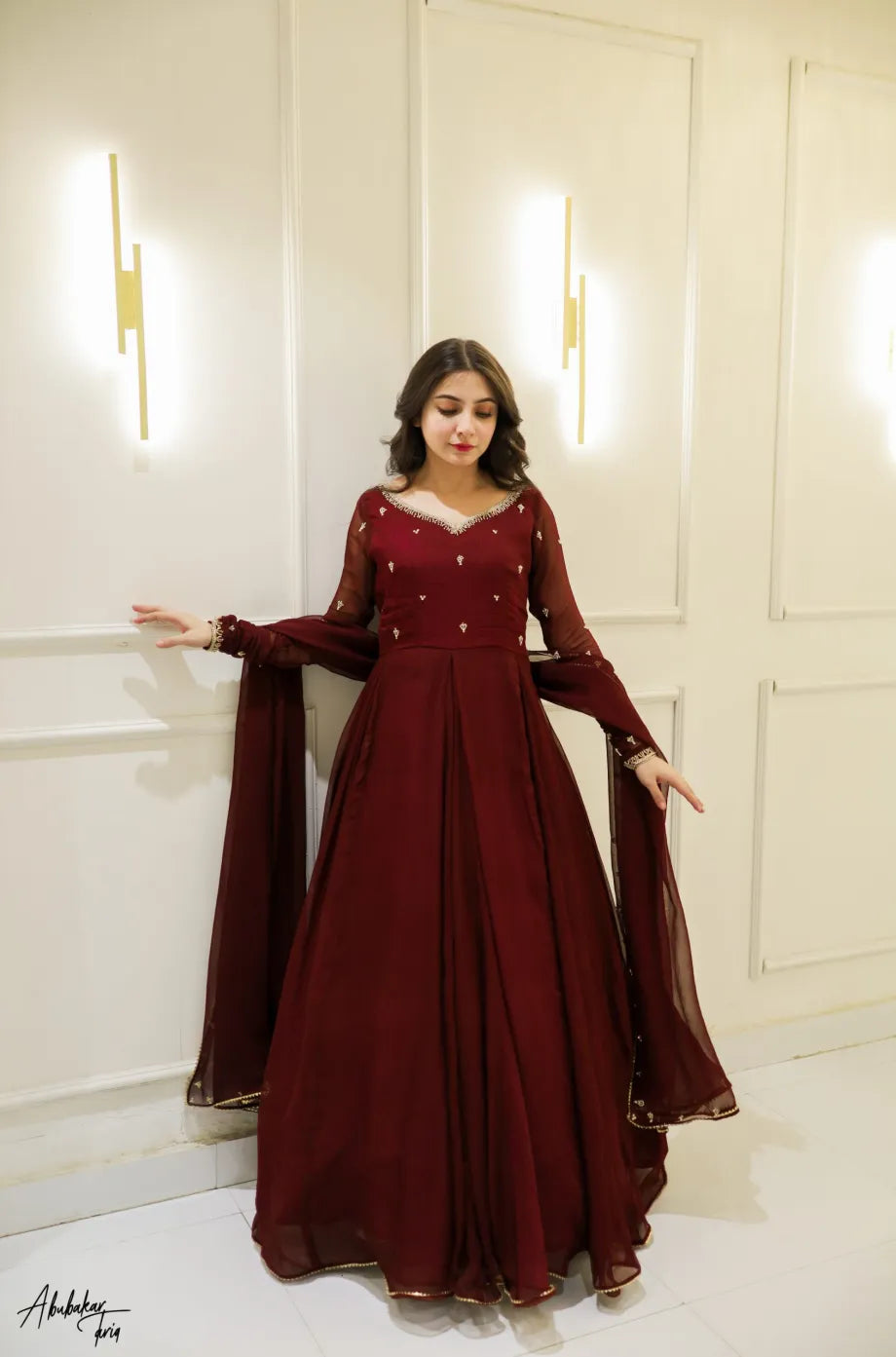 Zarqa Maroon Hand Emb Anarkali Dress