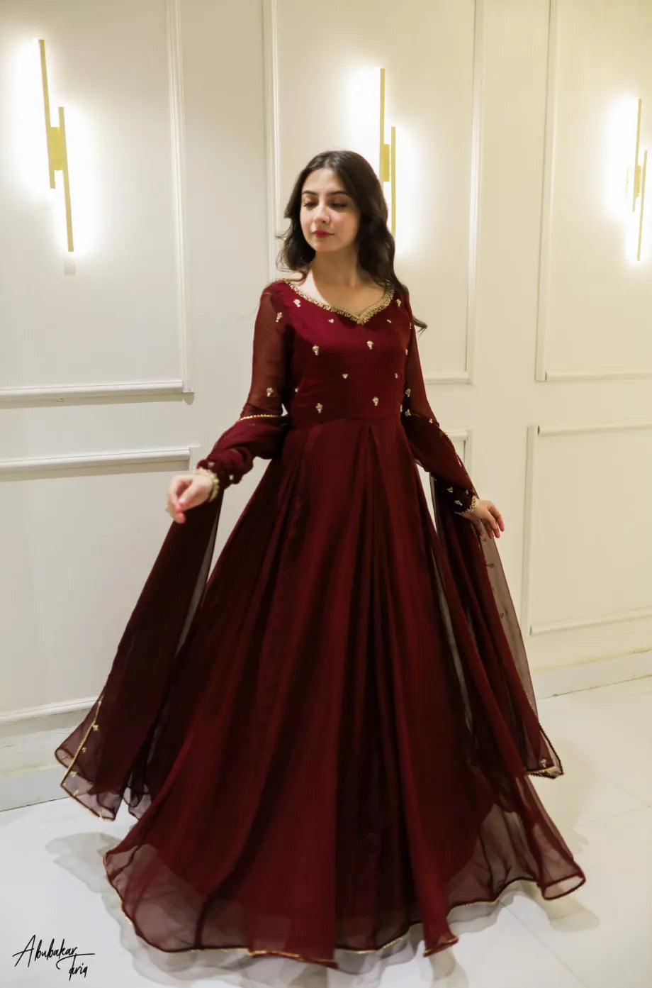 Zarqa Maroon Hand Emb Anarkali Dress