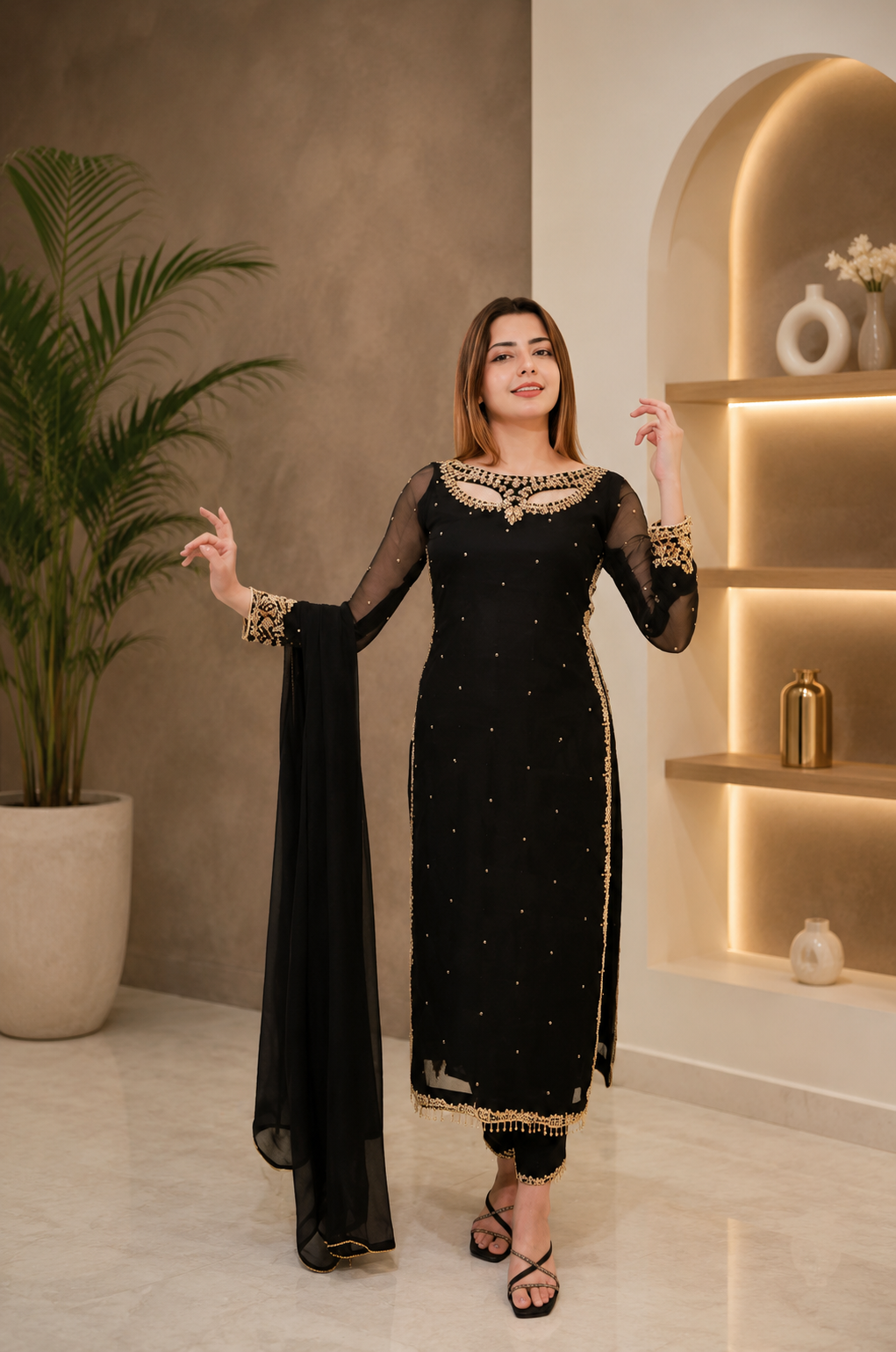 Black Shirt Hand Embellished 3 pcs Dress for Women