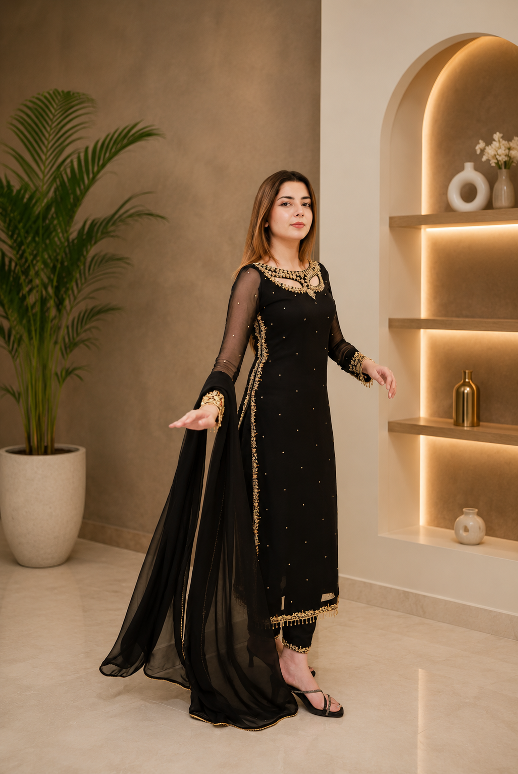 Black Shirt Hand Embellished 3 pcs Dress for Women