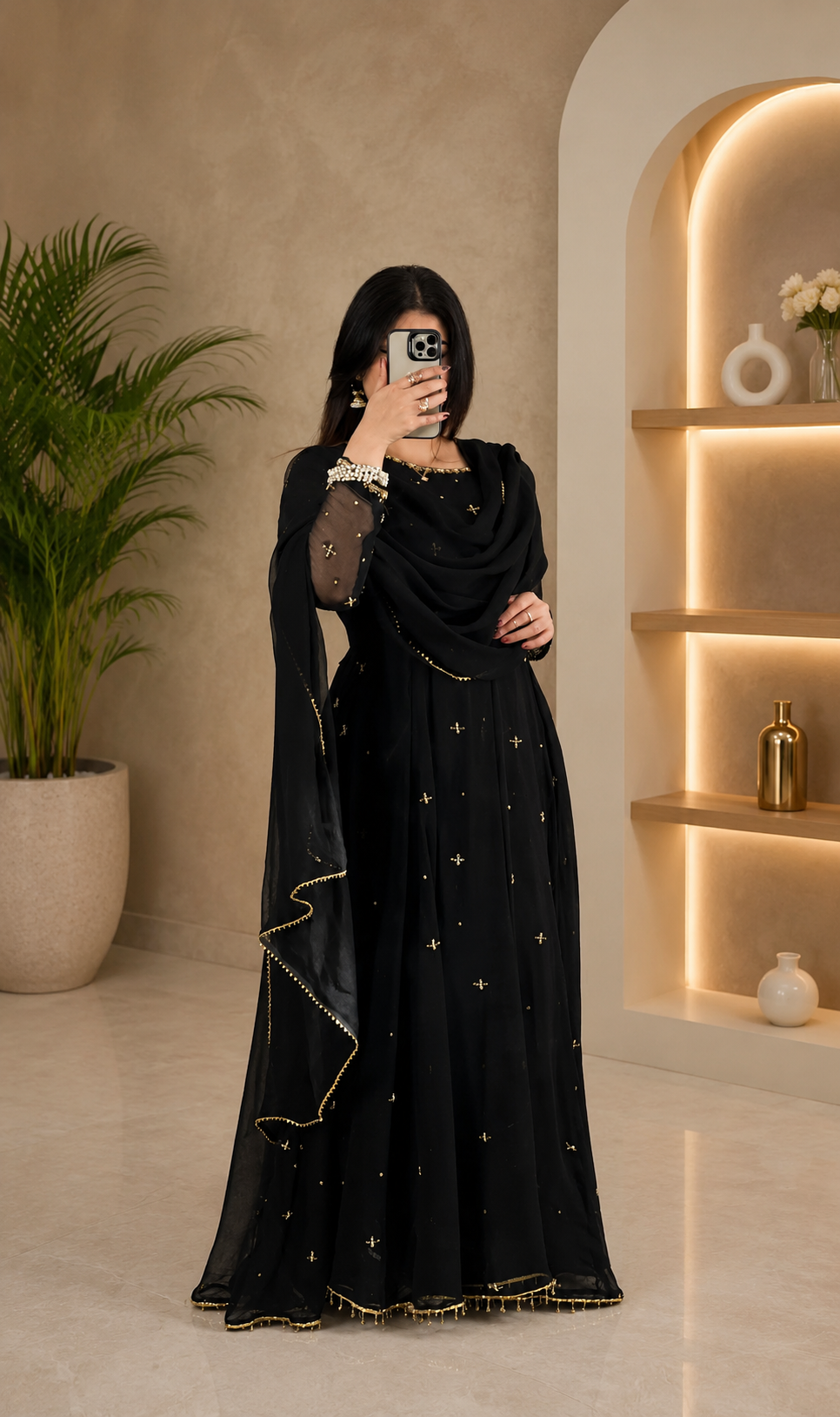 Black Handworked Chiffon Maxi with Dupatta