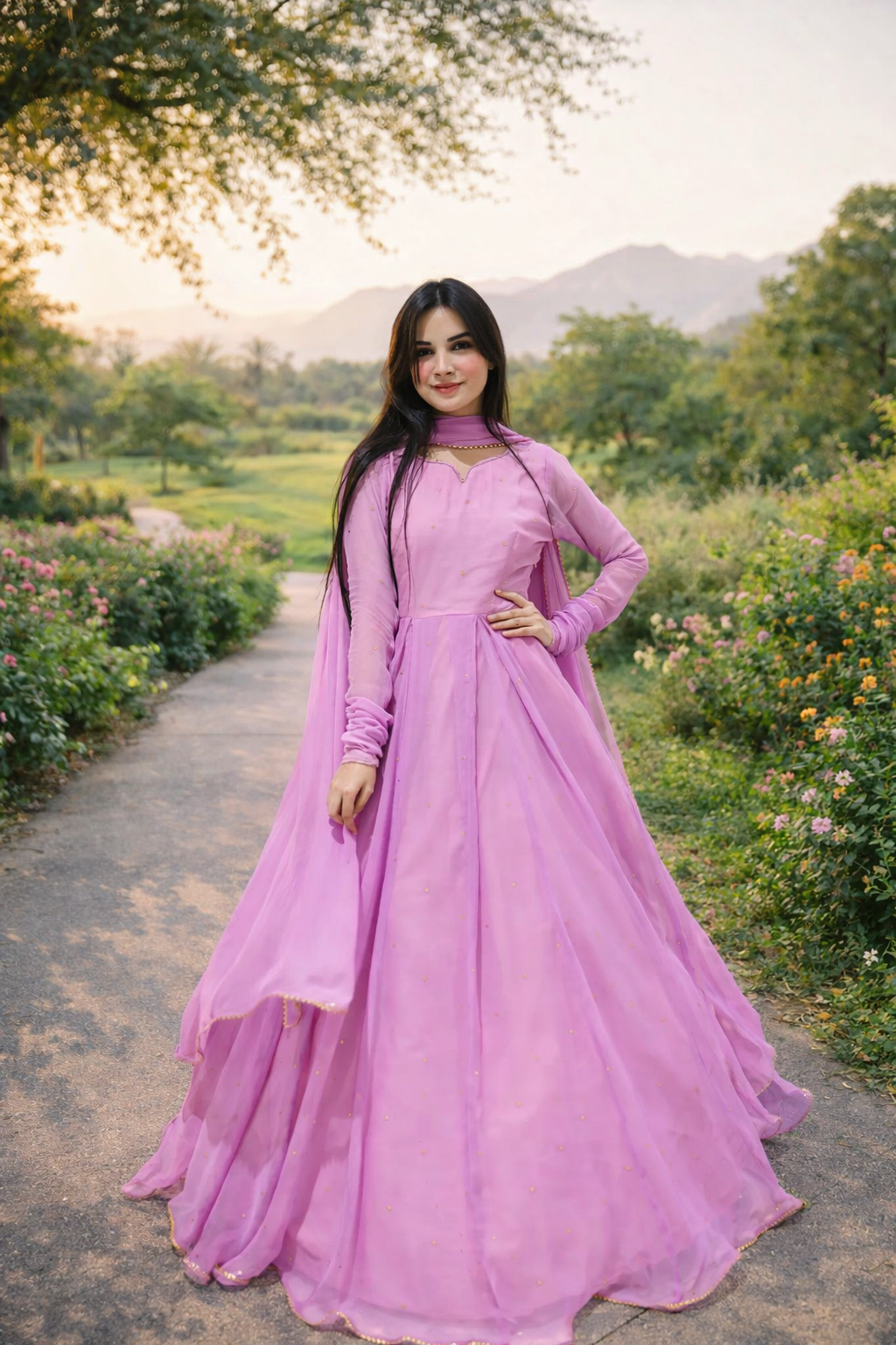 Pink Hand Embellished Work With Dupatta