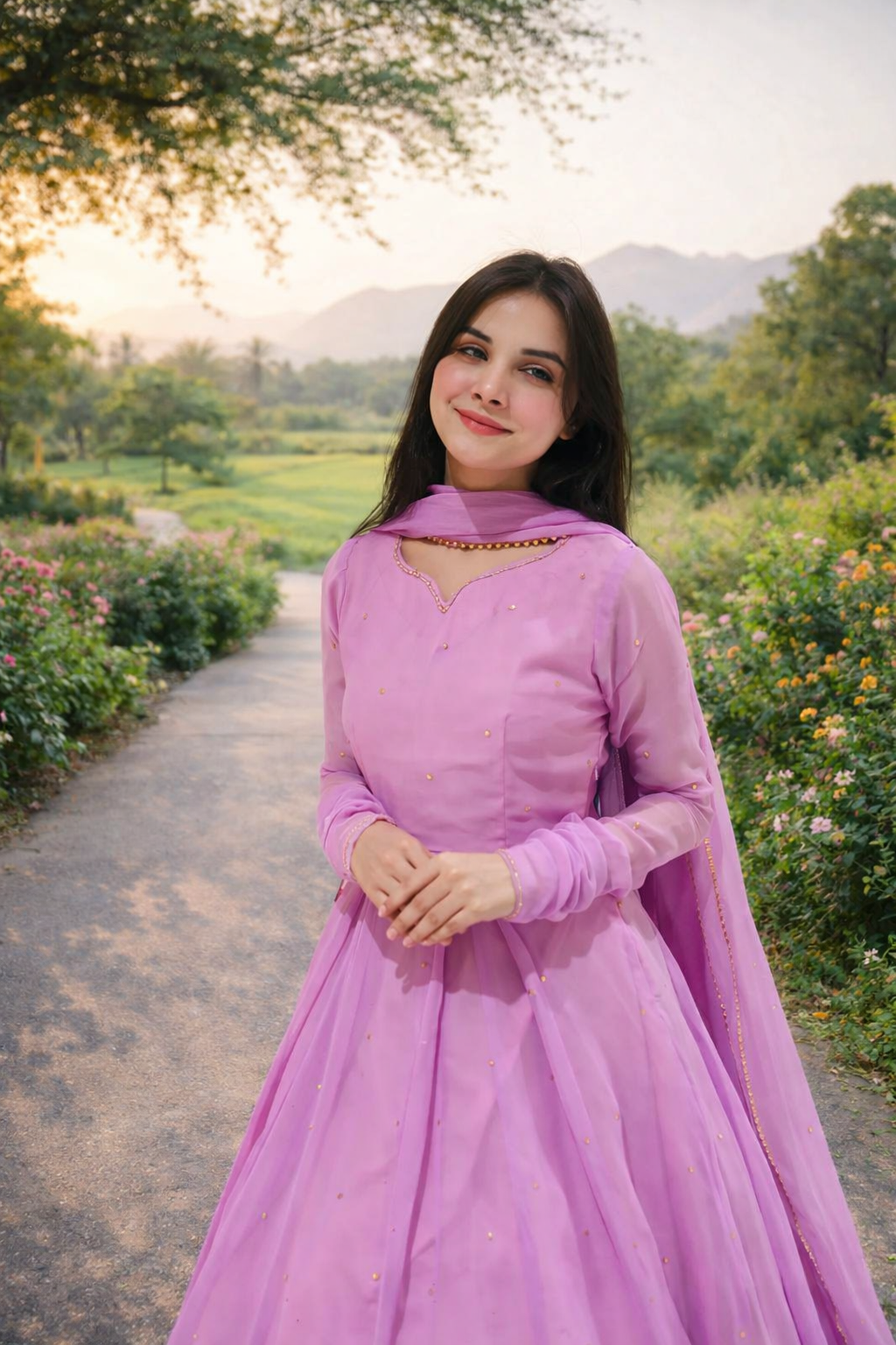 Pink Hand Embellished Work With Dupatta