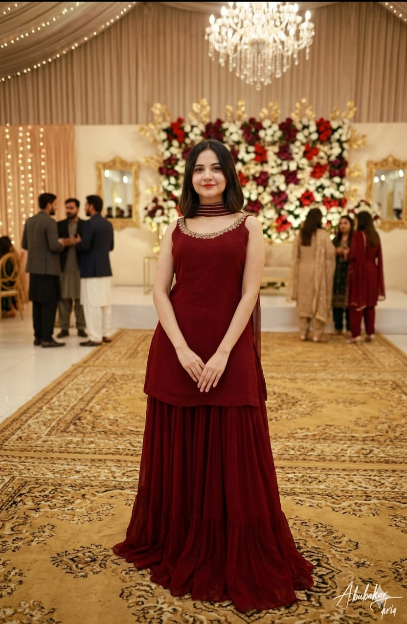 Mehroon Luxury Handwork Chiffon Dress