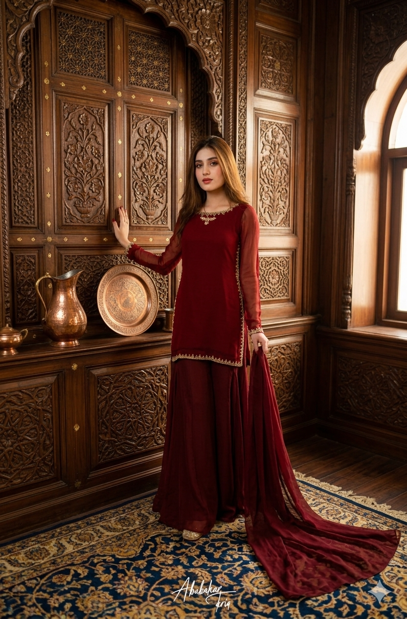 MAROON CHIFFON HAND EMBELISHED KURTA WITH GHARARA AND DUPATTA