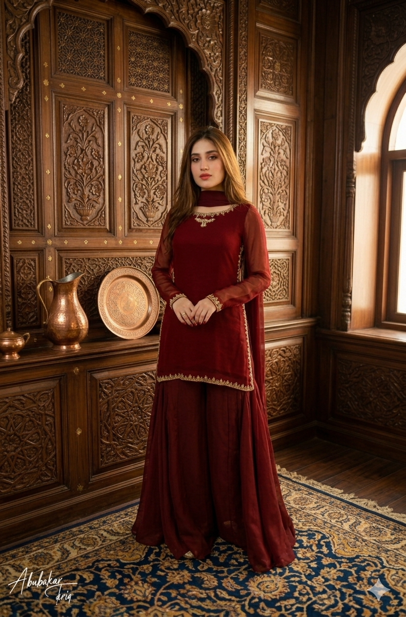 MAROON CHIFFON HAND EMBELISHED KURTA WITH GHARARA AND DUPATTA