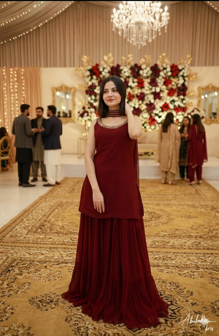 Mehroon Luxury Handwork Chiffon Dress