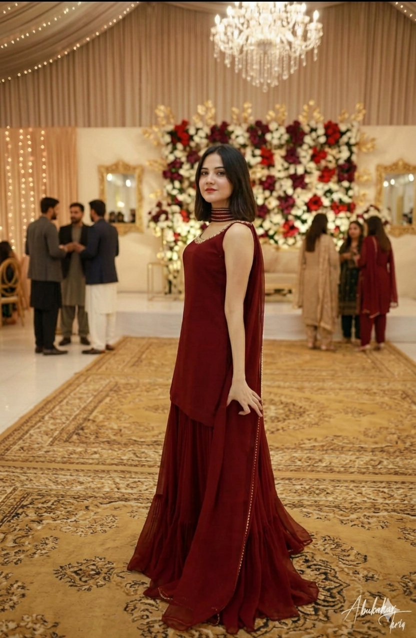 Mehroon Luxury Handwork Chiffon Dress