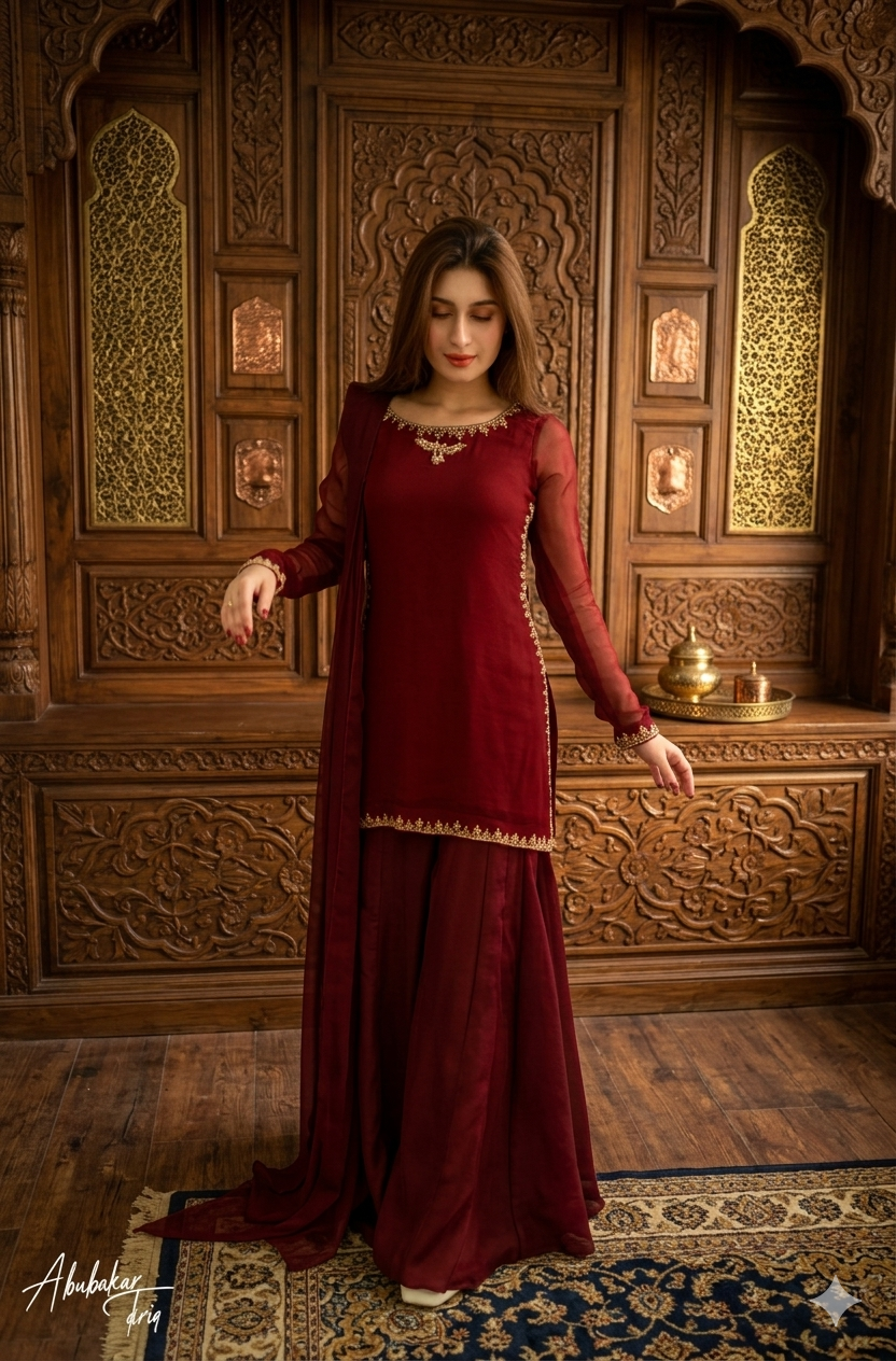 MAROON CHIFFON HAND EMBELISHED KURTA WITH GHARARA AND DUPATTA
