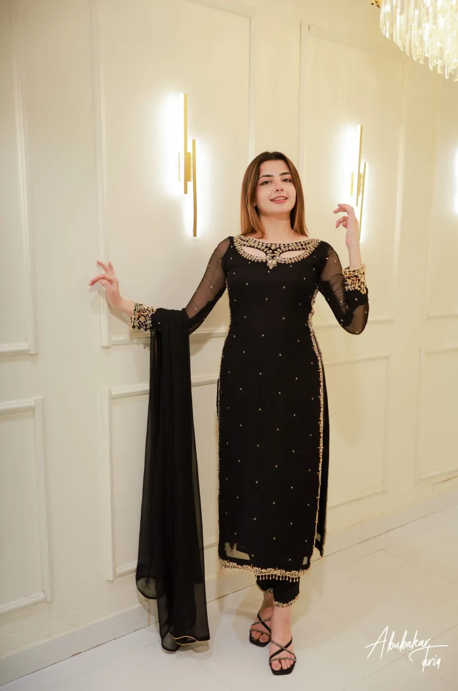 Black Shirt Hand Embellished 3 pcs Dress for Women