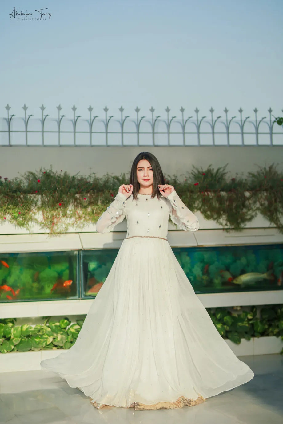 White Hand Emb Miror Work & Dupatta Floral Maxi