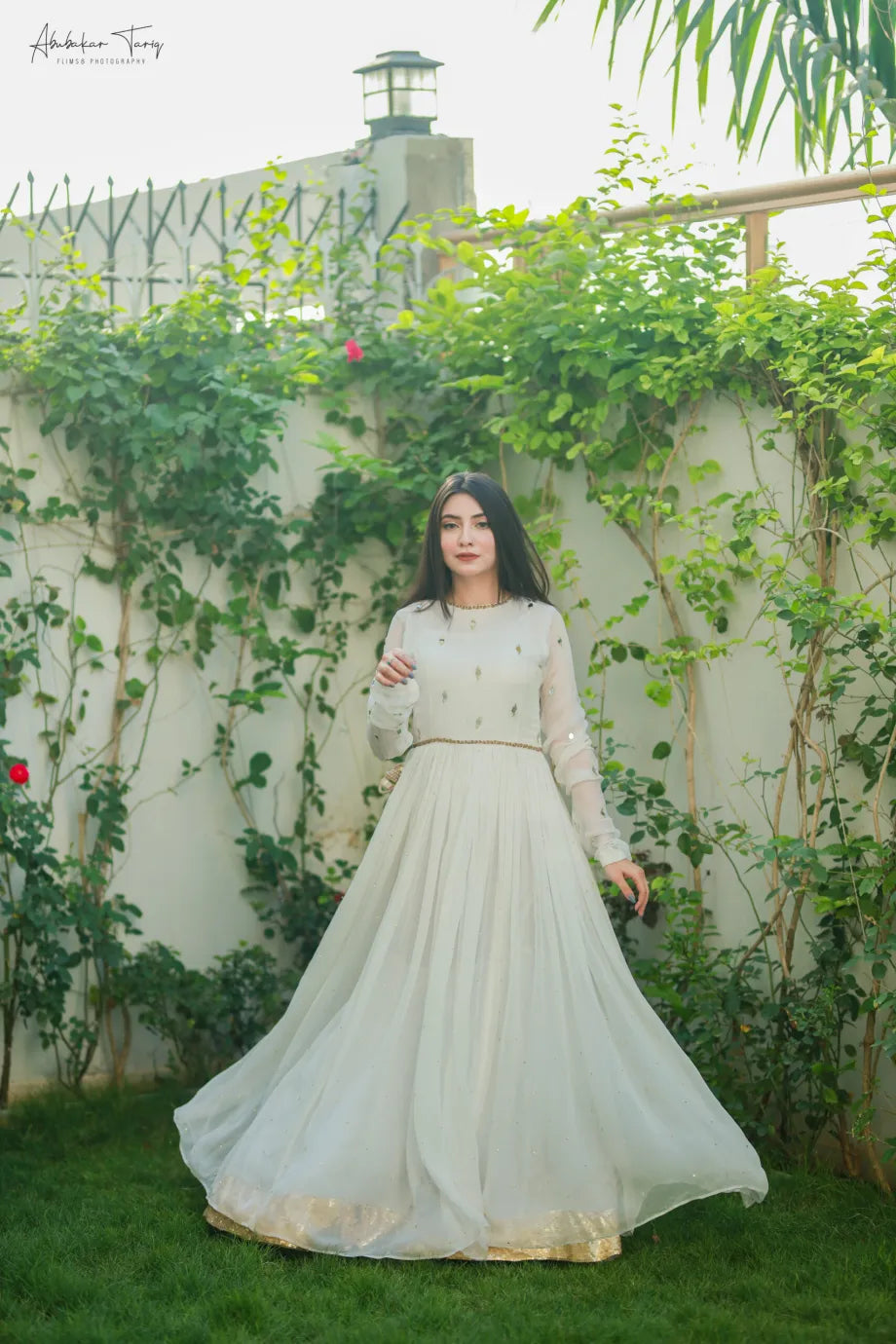 White Hand Emb Miror Work & Dupatta Floral Maxi