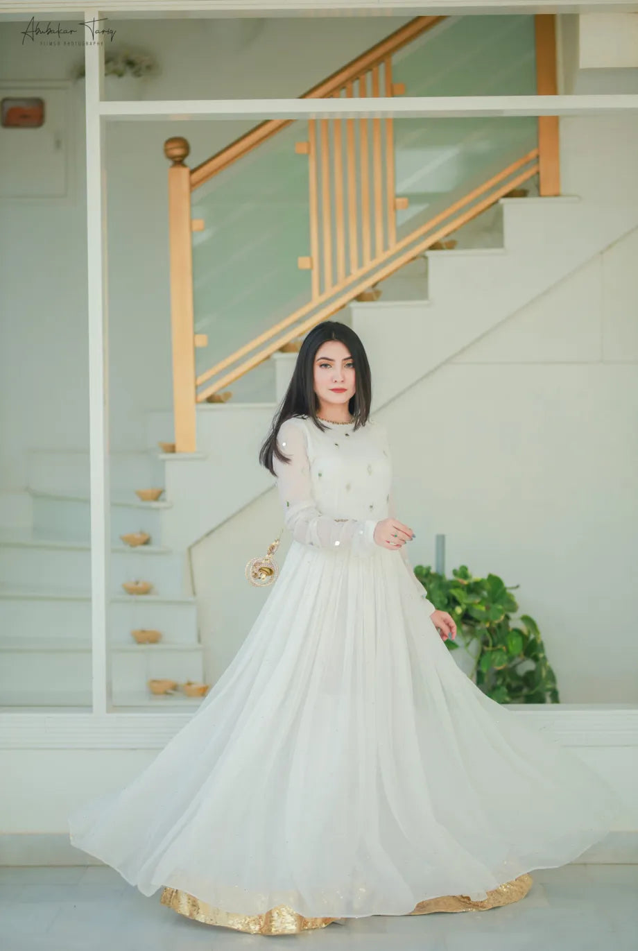 White Hand Emb Miror Work & Dupatta Floral Maxi