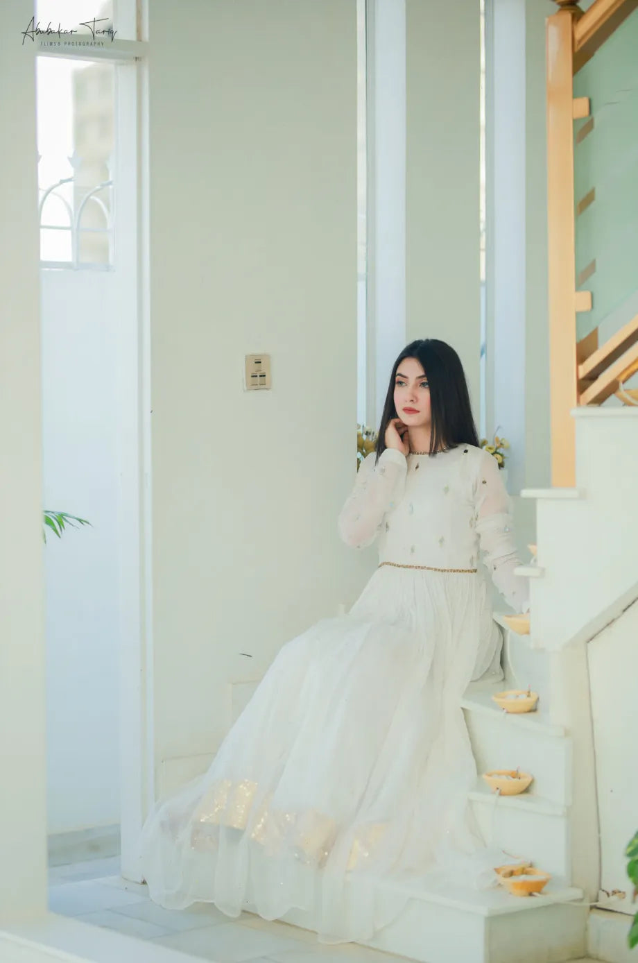 White Hand Emb Miror Work & Dupatta Floral Maxi