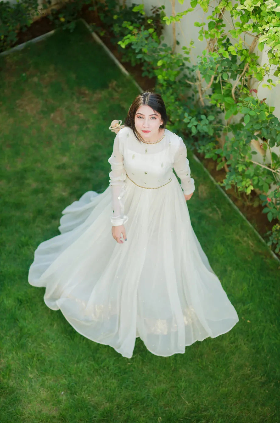 White Hand Emb Miror Work & Dupatta Floral Maxi