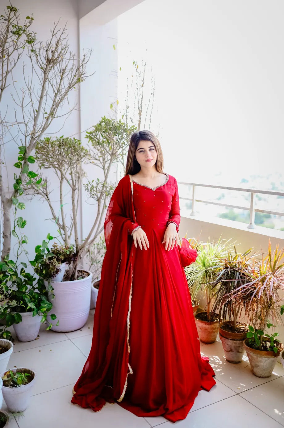 Red Hand Embellished Work With Dupatta