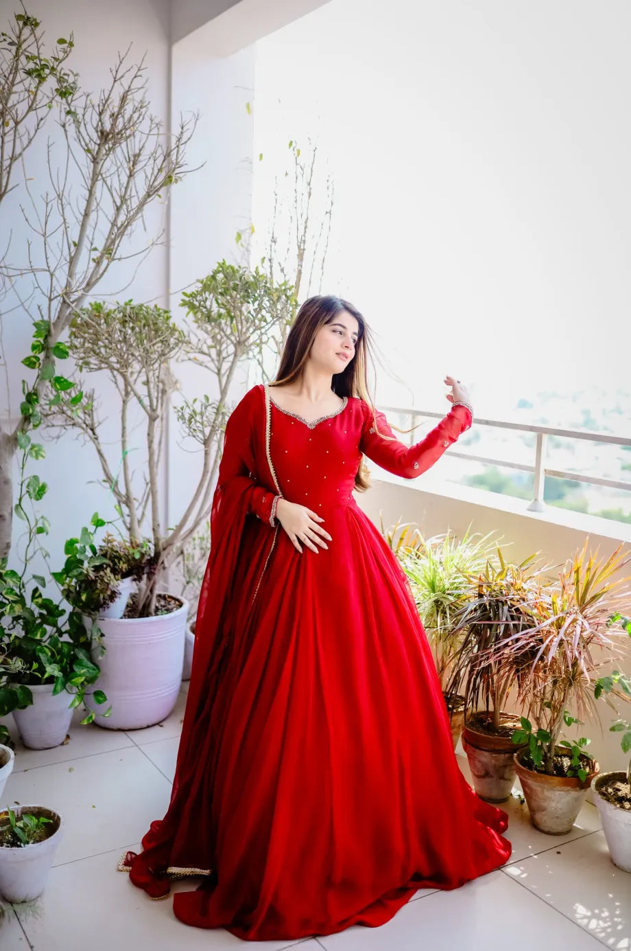 Red Hand Embellished Work With Dupatta