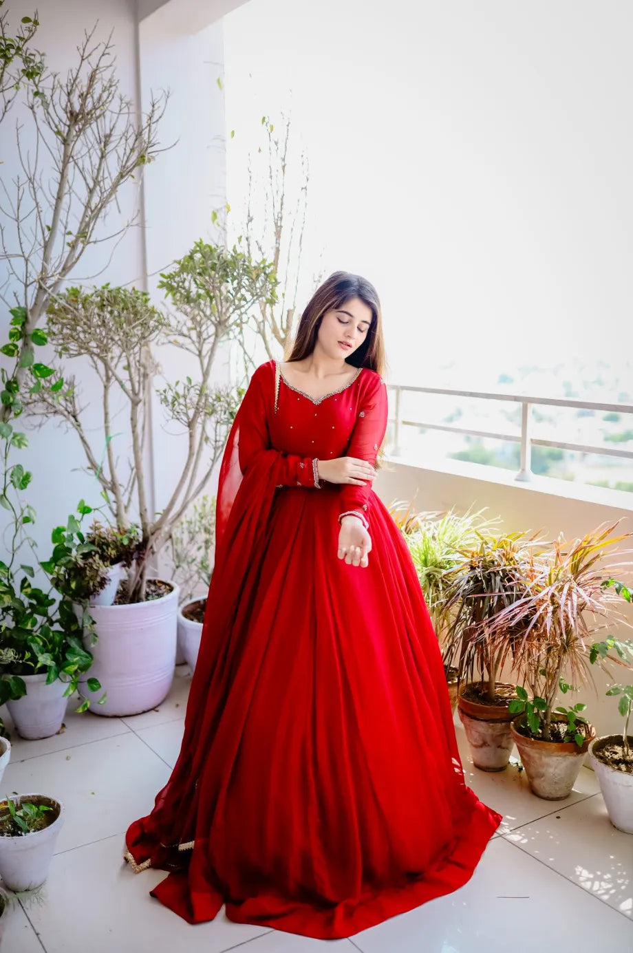 Red Hand Embellished Work With Dupatta