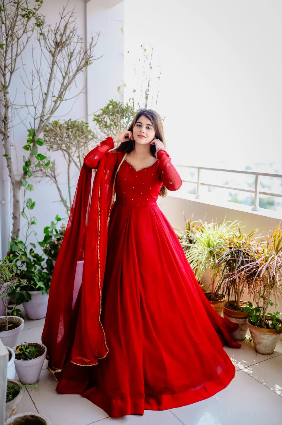 Red Hand Embellished Work With Dupatta