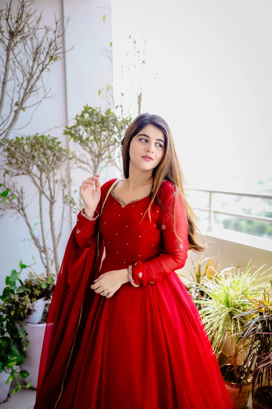 Red Hand Embellished Work With Dupatta