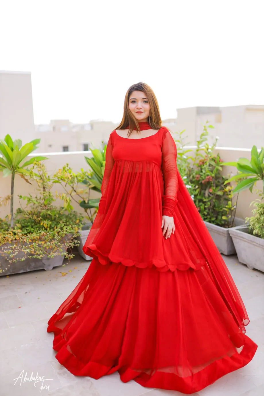 Red Queen Three Pcs Dress Shirt , Lehenga & Dupatta Set