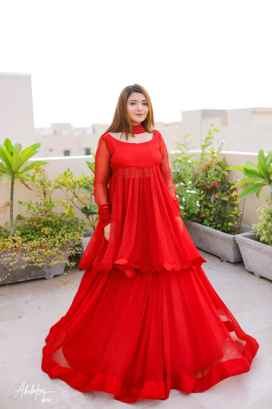 Red Queen Three Pcs Dress Shirt , Lehenga & Dupatta Set