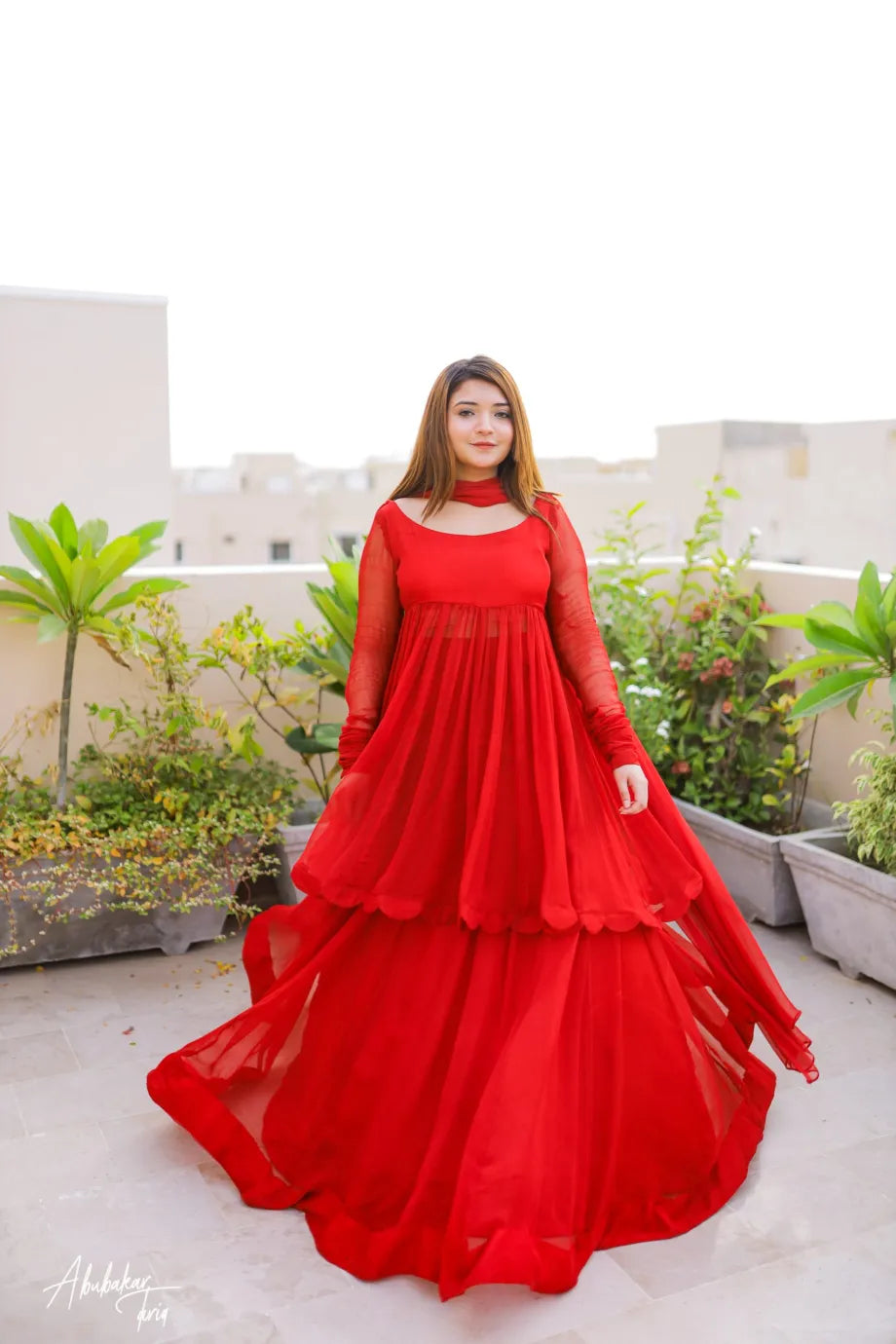 Red Queen Three Pcs Dress Shirt , Lehenga & Dupatta Set