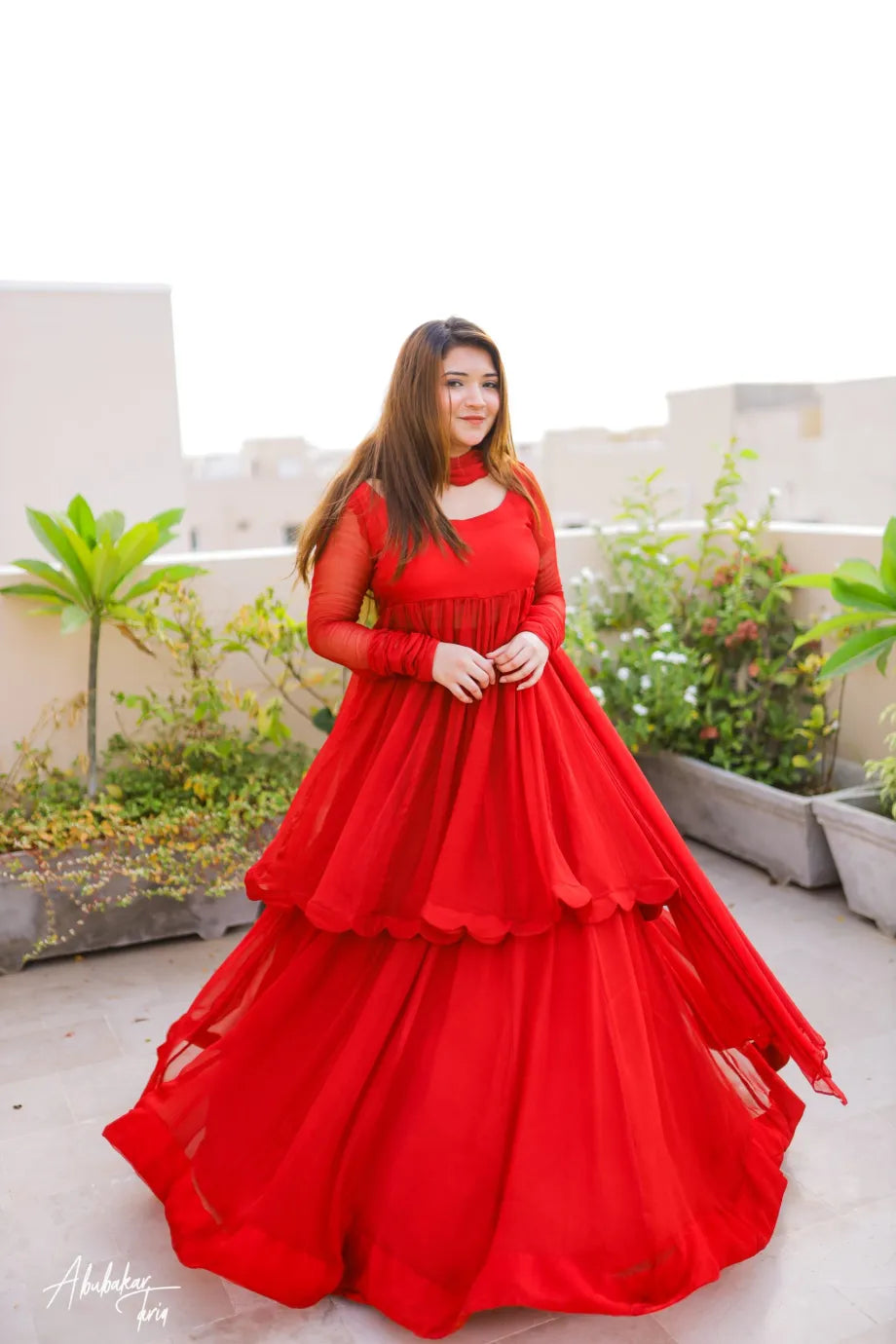 Red Queen Three Pcs Dress Shirt , Lehenga & Dupatta Set