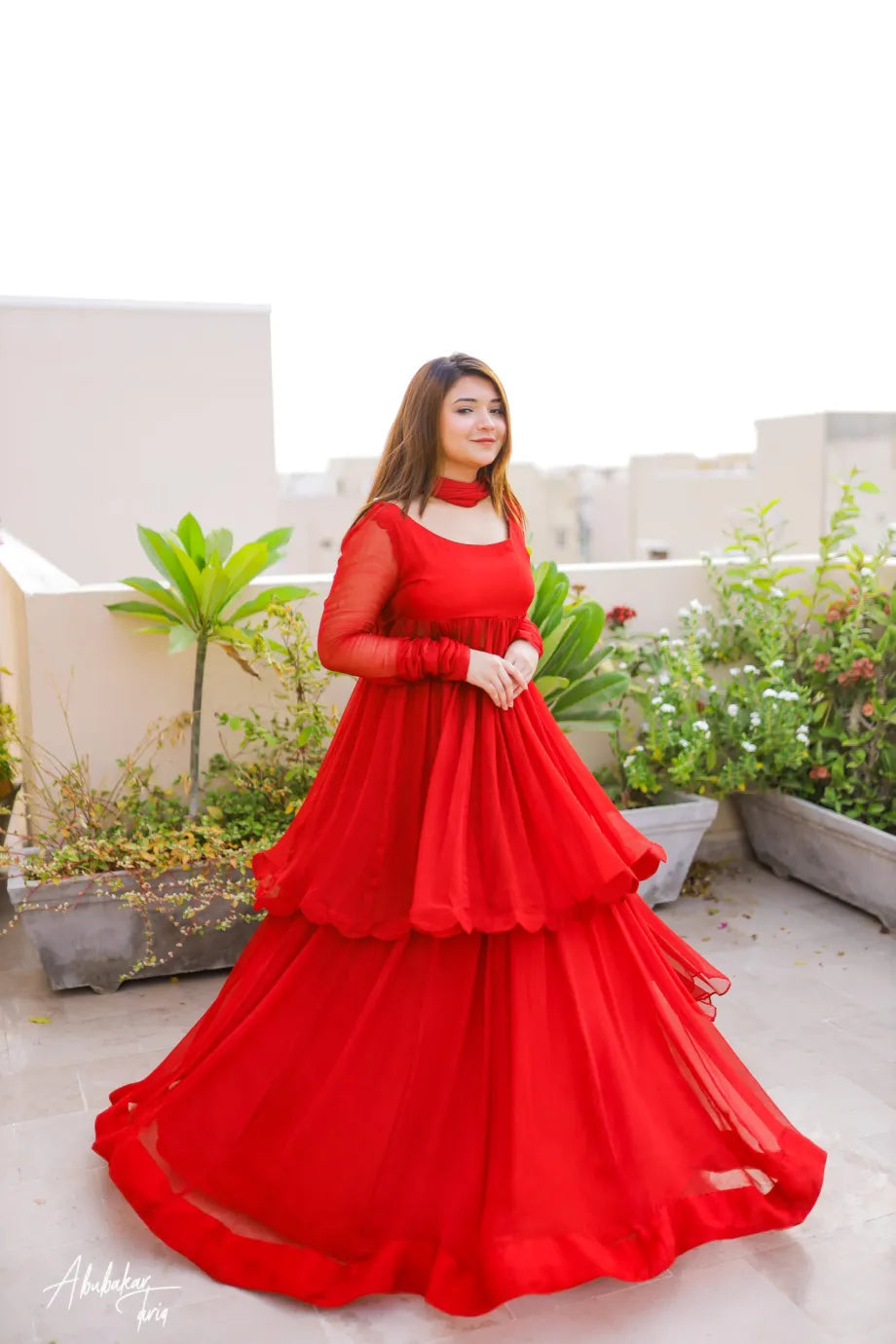 Red Queen Three Pcs Dress Shirt , Lehenga & Dupatta Set