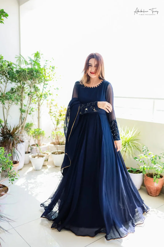 Blue Hand Miror Embellished Work With Dupatta
