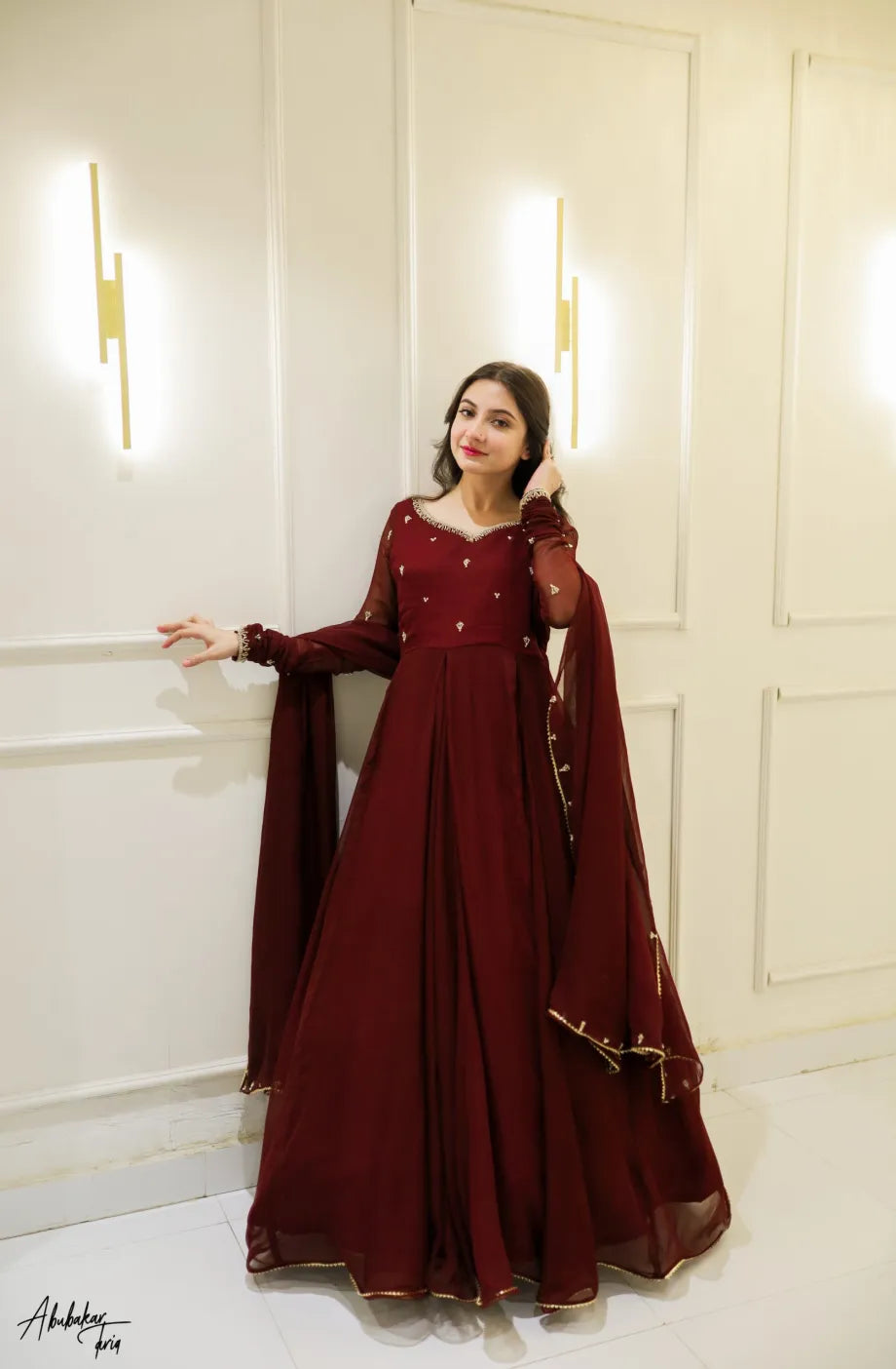 Zarqa Maroon Hand Emb Anarkali Dress