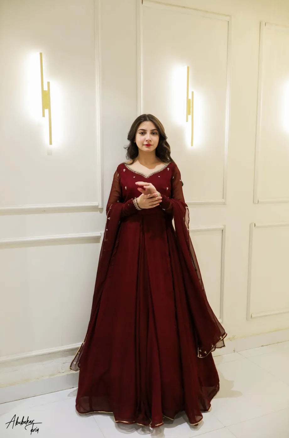 Zarqa Maroon Hand Emb Anarkali Dress