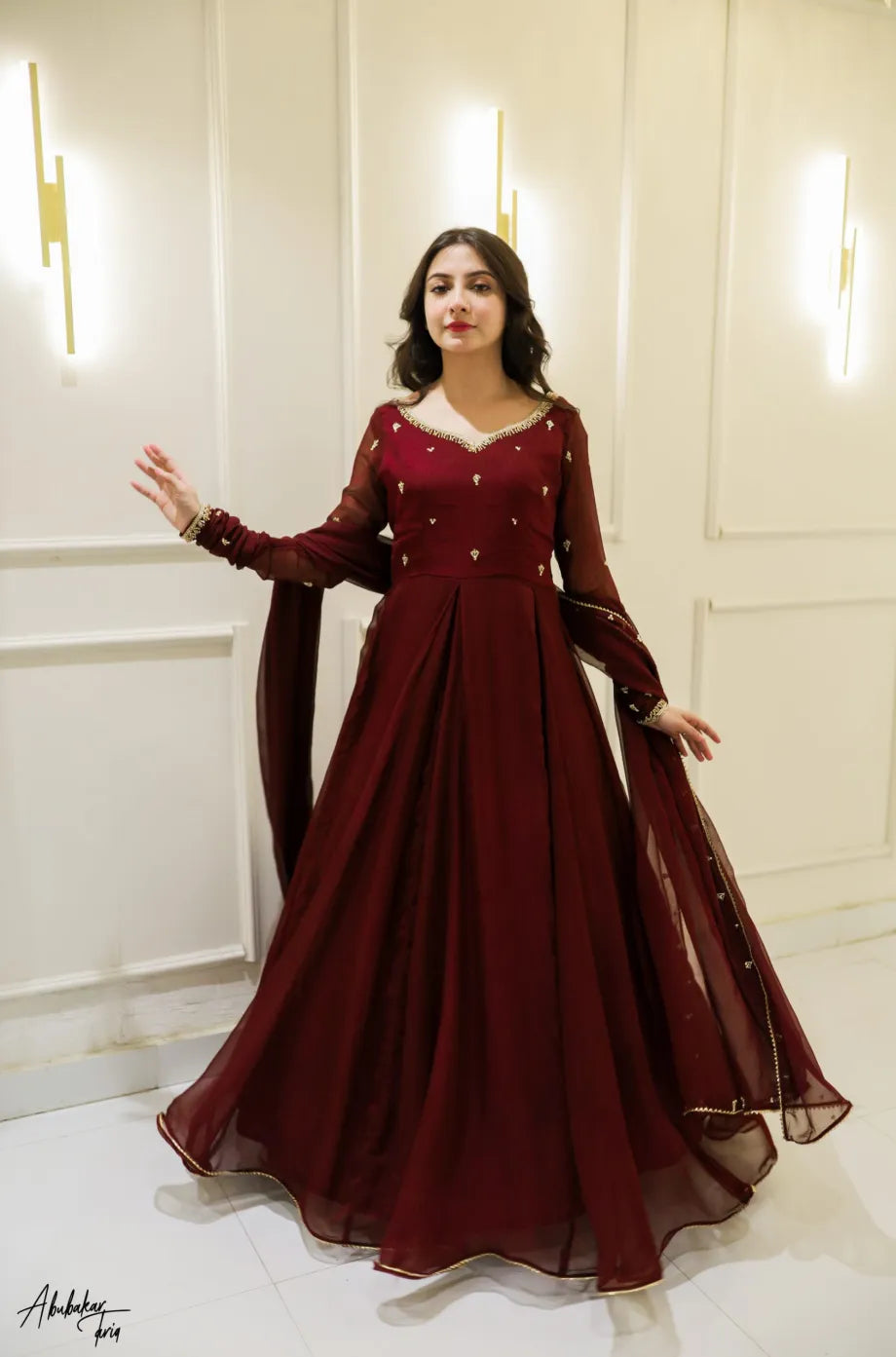 Zarqa Maroon Hand Emb Anarkali Dress
