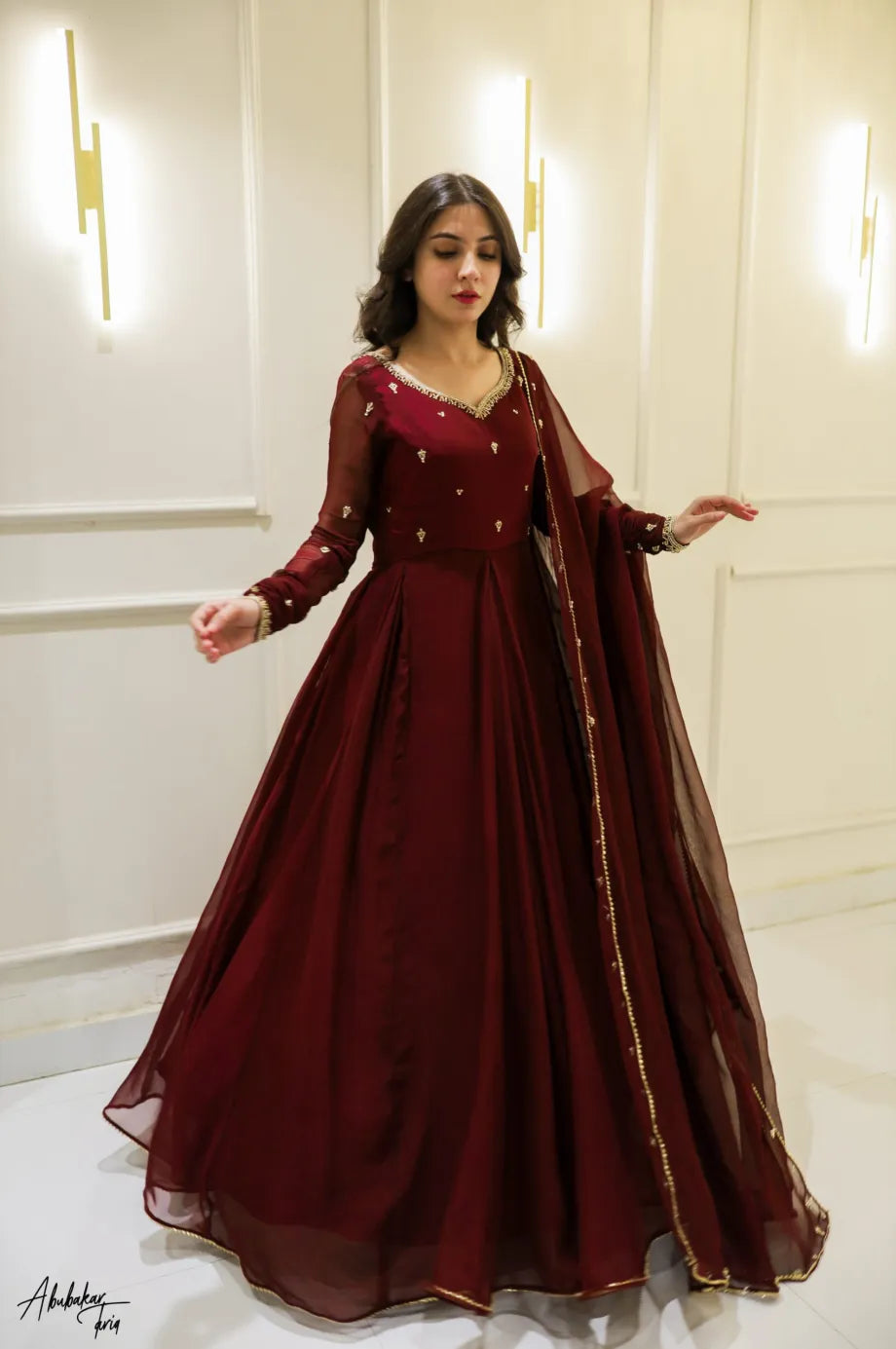 Zarqa Maroon Hand Emb Anarkali Dress