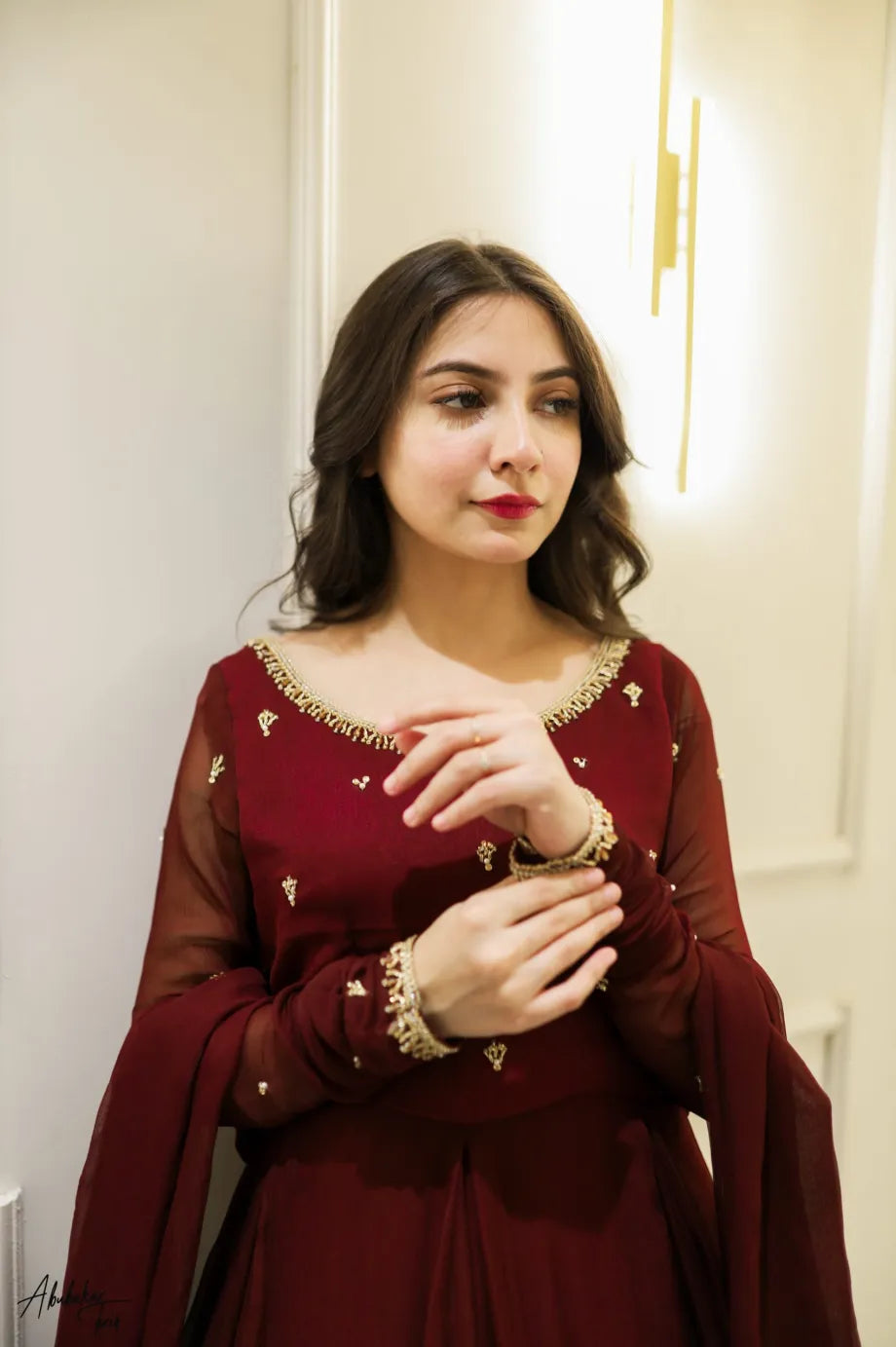 Zarqa Maroon Hand Emb Anarkali Dress