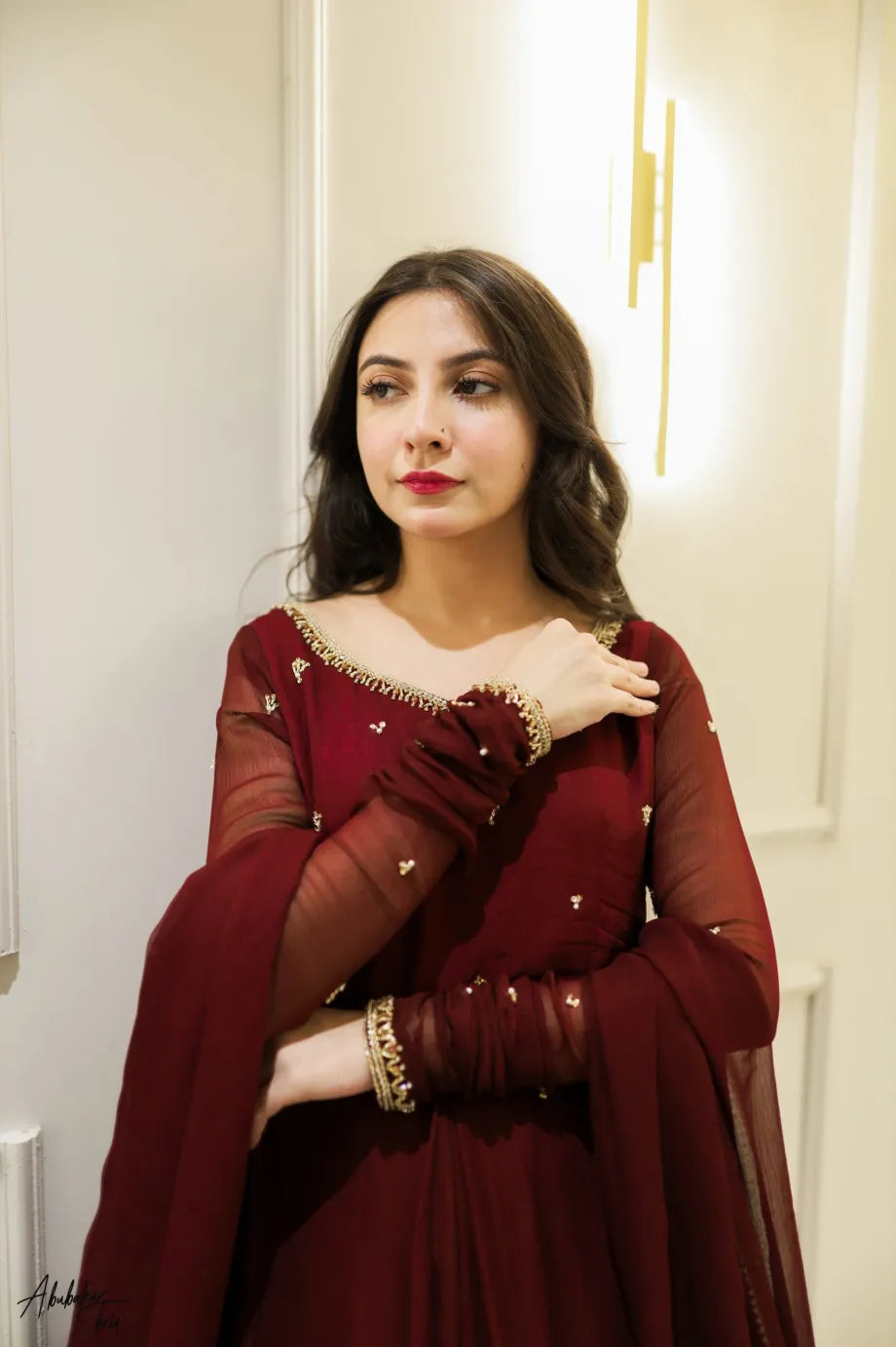 Zarqa Maroon Hand Emb Anarkali Dress