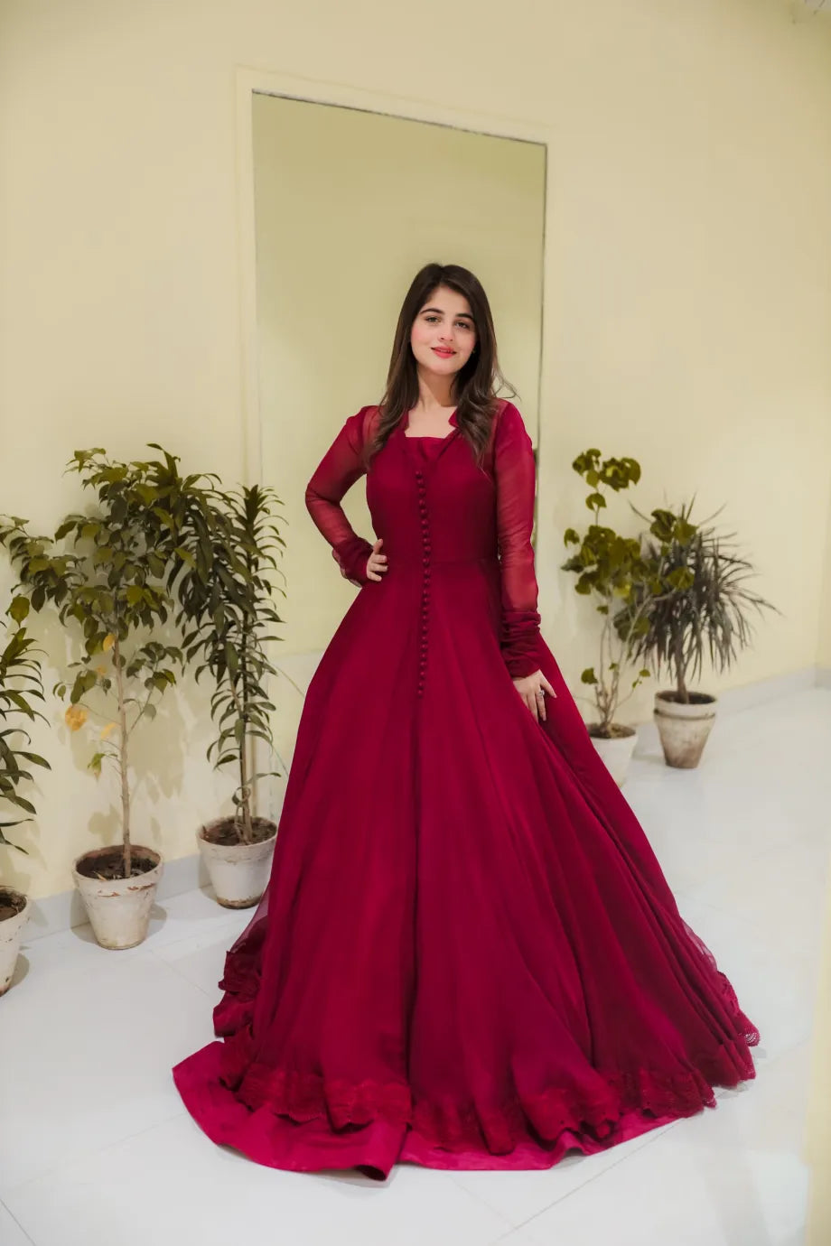 Button Mehroon Floral Maxi With Lace