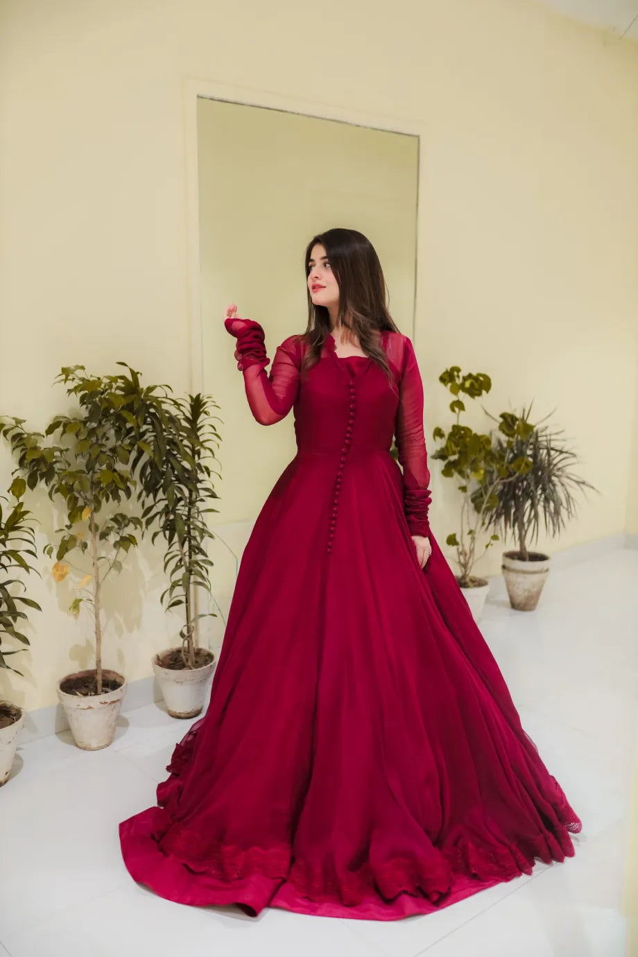 Button Mehroon Floral Maxi With Lace