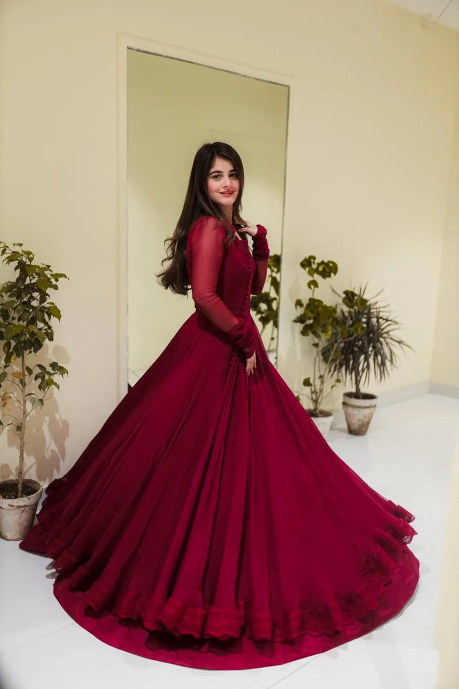 Button Mehroon Floral Maxi With Lace