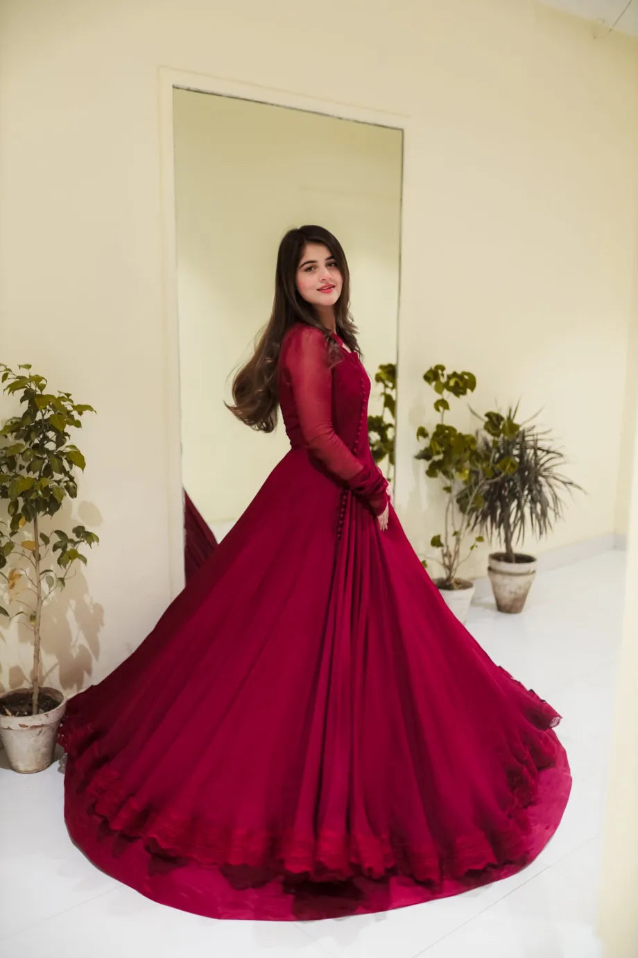 Button Mehroon Floral Maxi With Lace