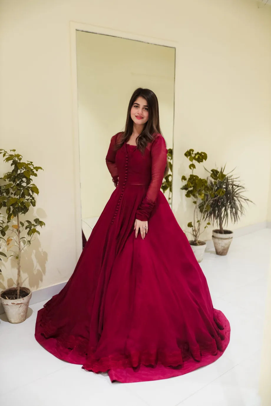 Button Mehroon Floral Maxi With Lace