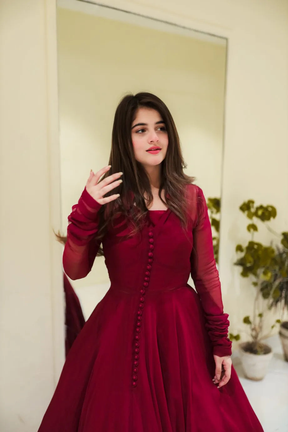 Button Mehroon Floral Maxi With Lace