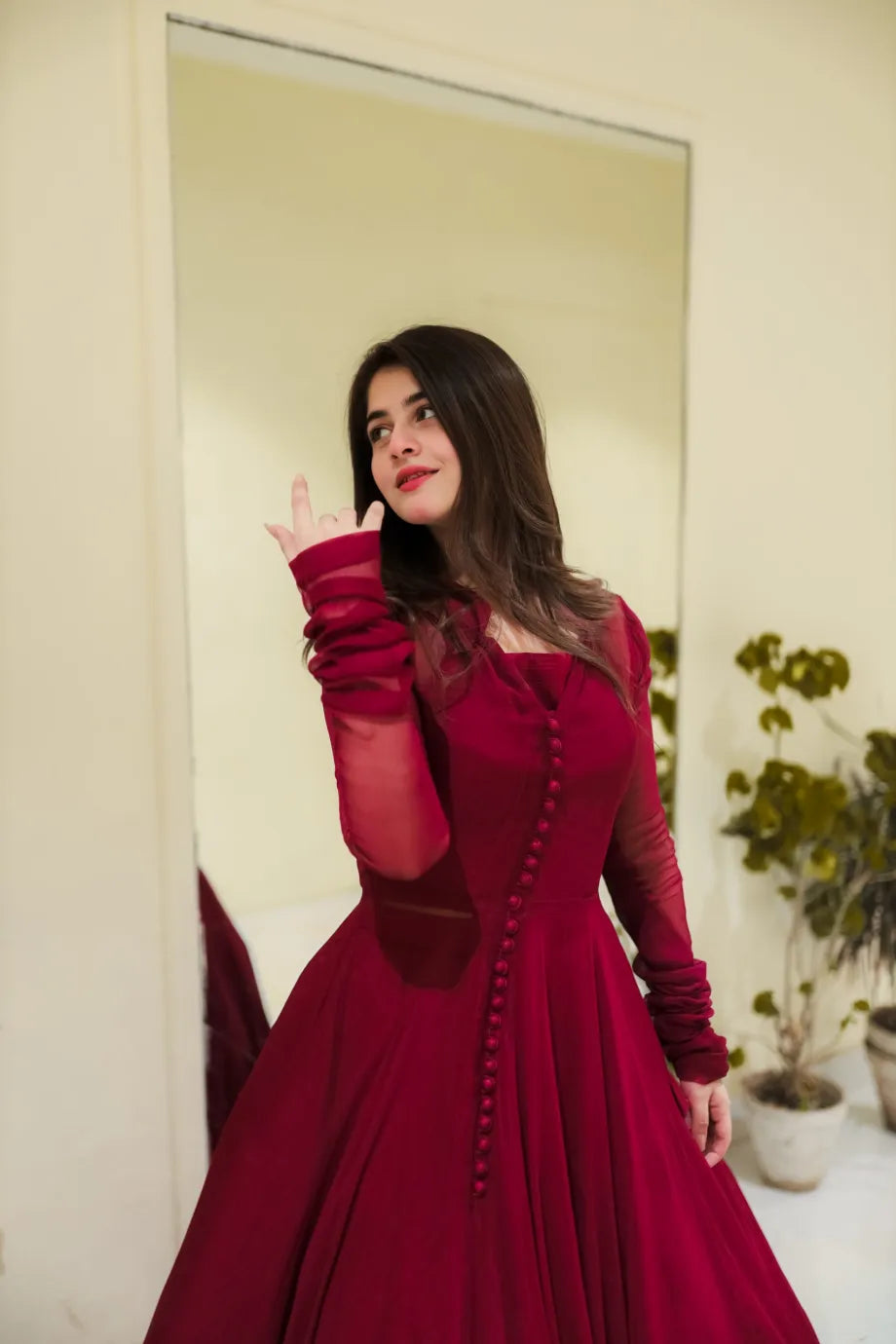 Button Mehroon Floral Maxi With Lace