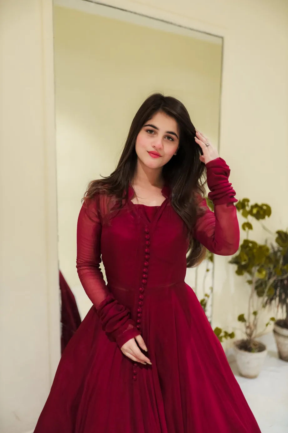 Button Mehroon Floral Maxi With Lace