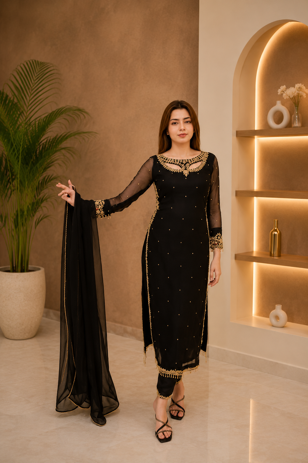 Black Shirt Hand Embellished 3 pcs Dress for Women