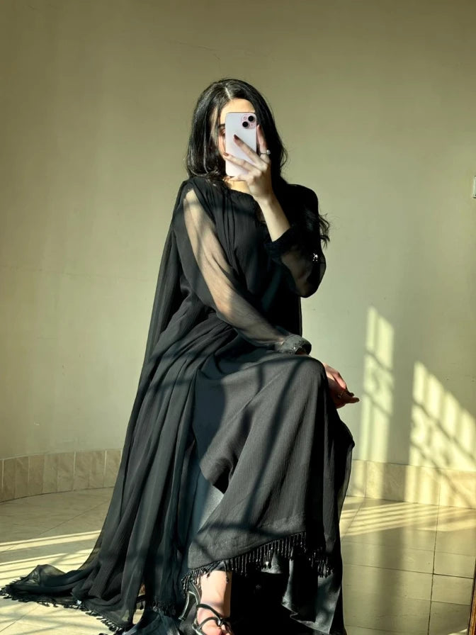 Black Long Shirt 3pcs Stiched Dress For Women