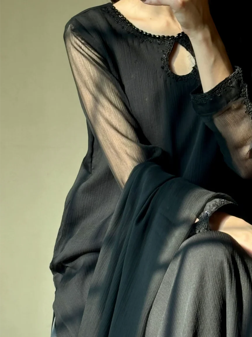 Black Long Shirt 3pcs Stiched Dress For Women