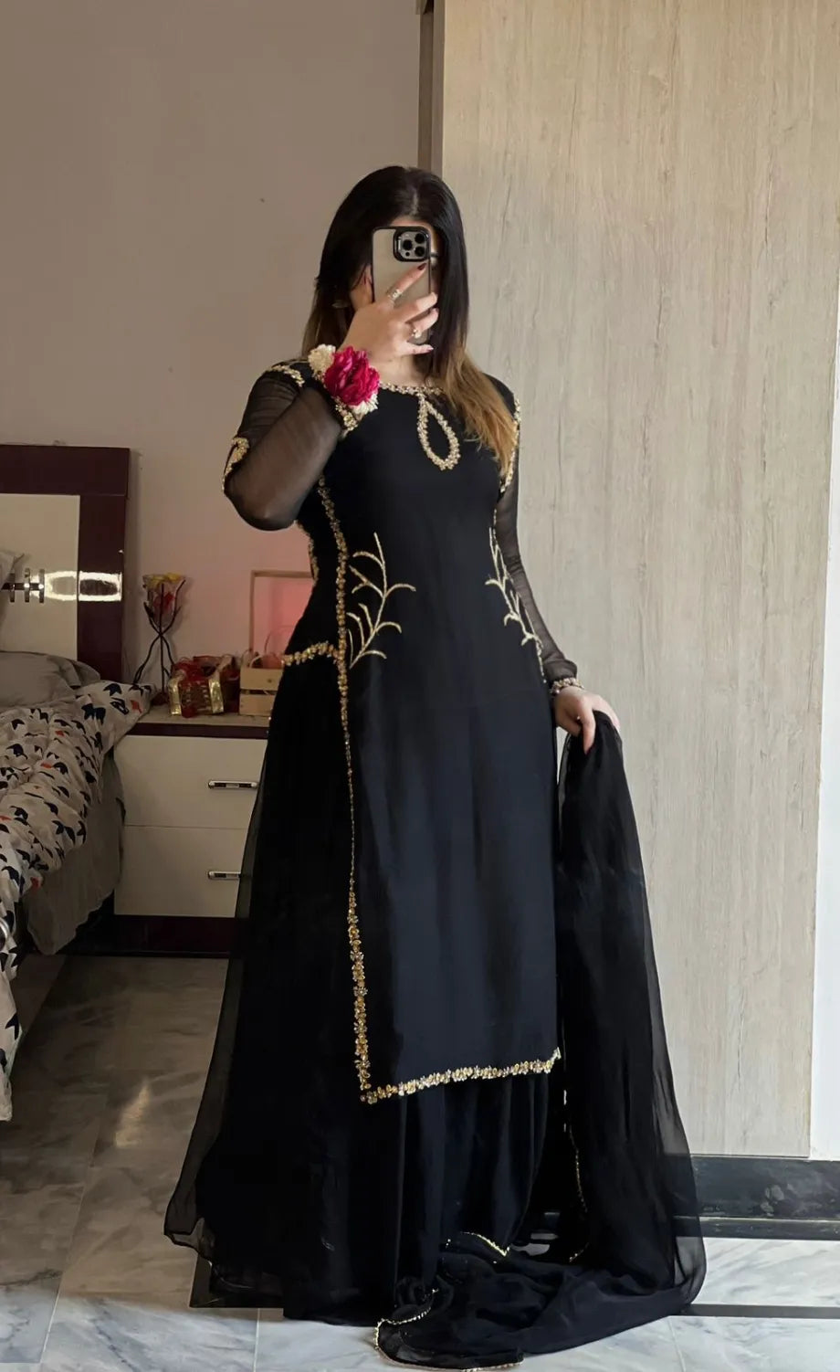 Black Shirt Hand Embellished 3 pcs Dress