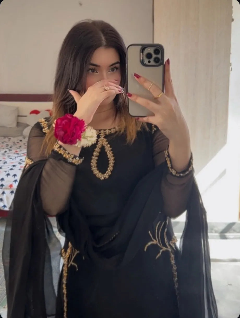 Black Shirt Hand Embellished 3 pcs Dress