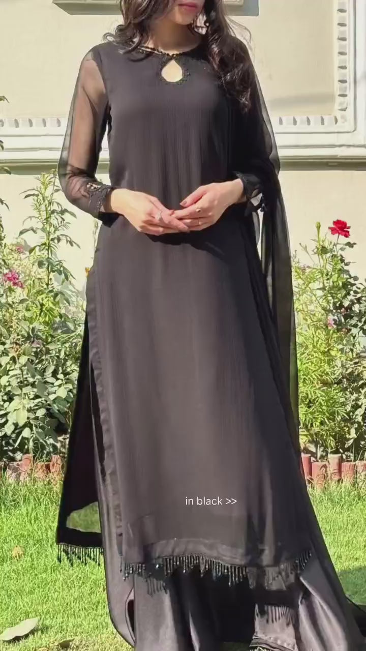 Black Long Shirt 3pcs Stiched Dress For Women